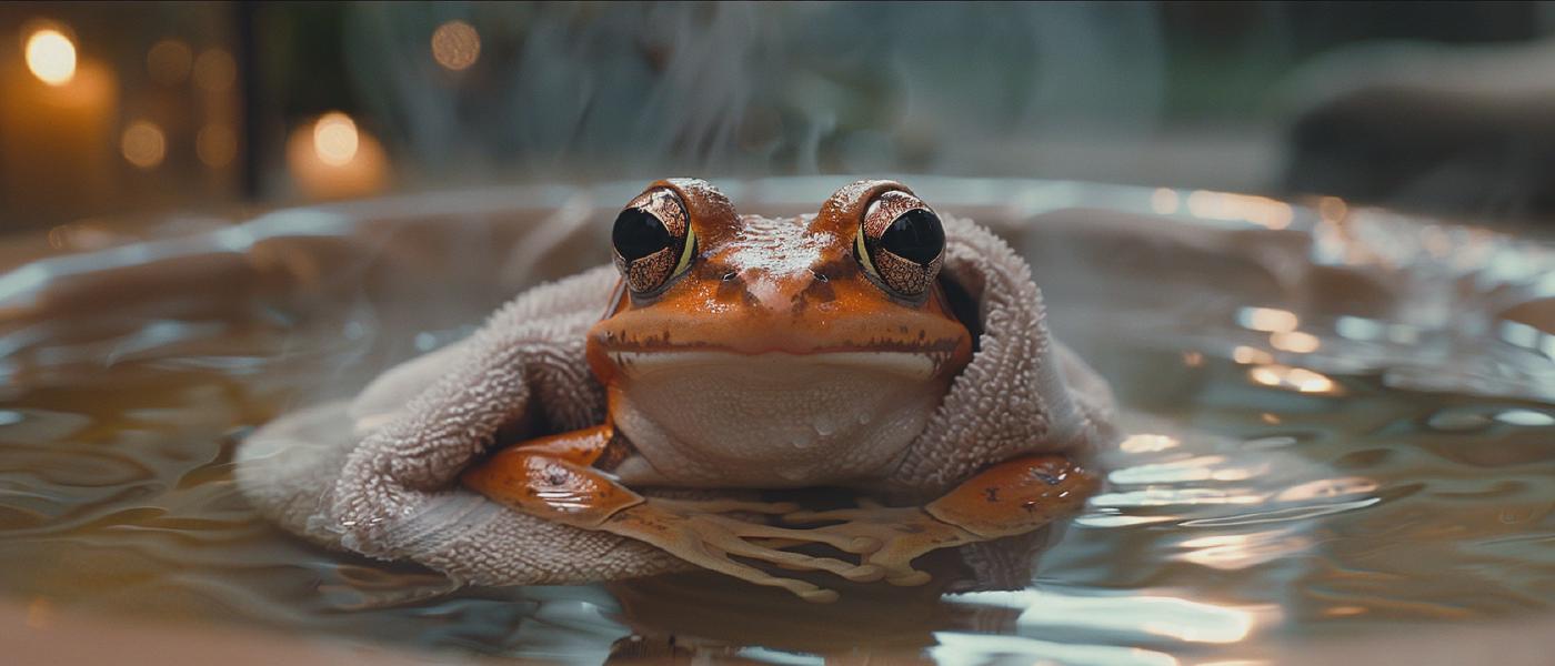 a happy frog relaxing in a jacuzzi