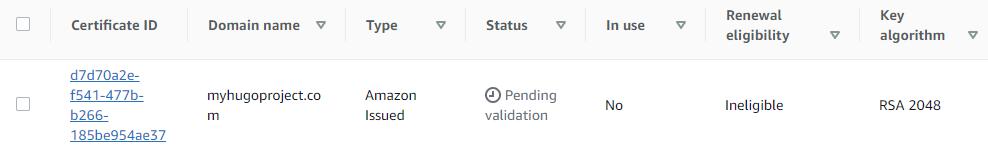 the created certificate in pending validation status