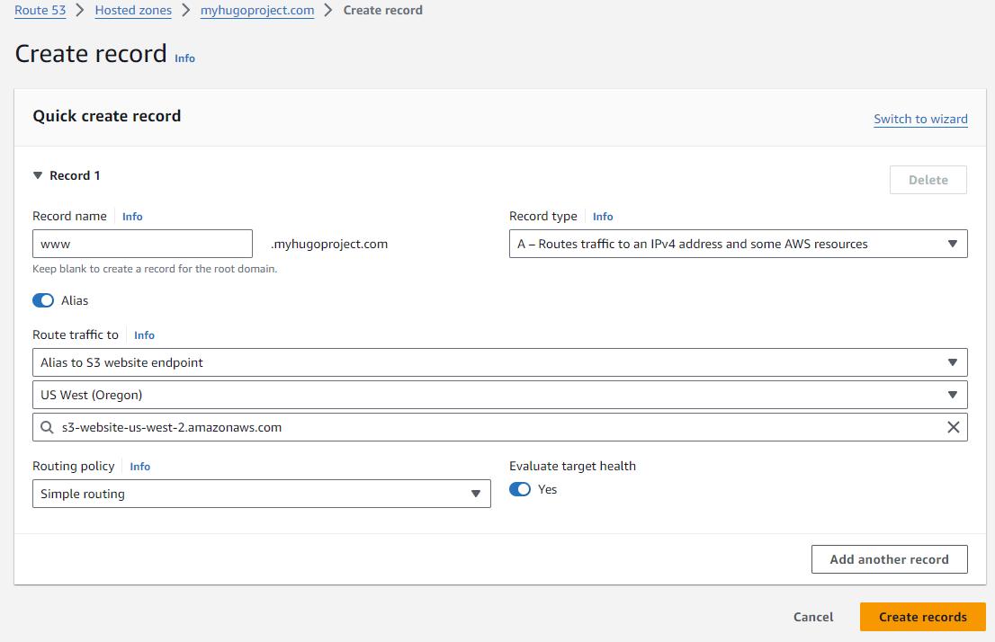 DNS A record form pointing to S3 bucket