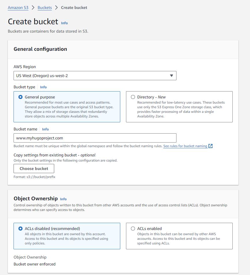 the S3 bucket creation form