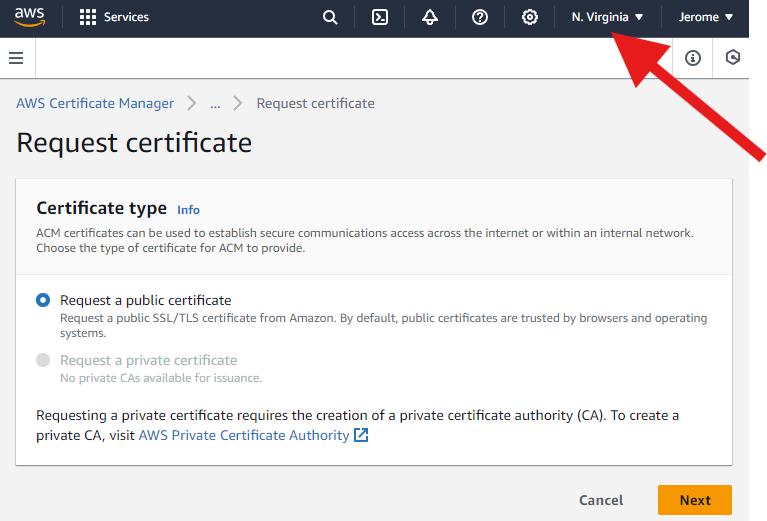 Requesting a certificate in us-east-1 region
