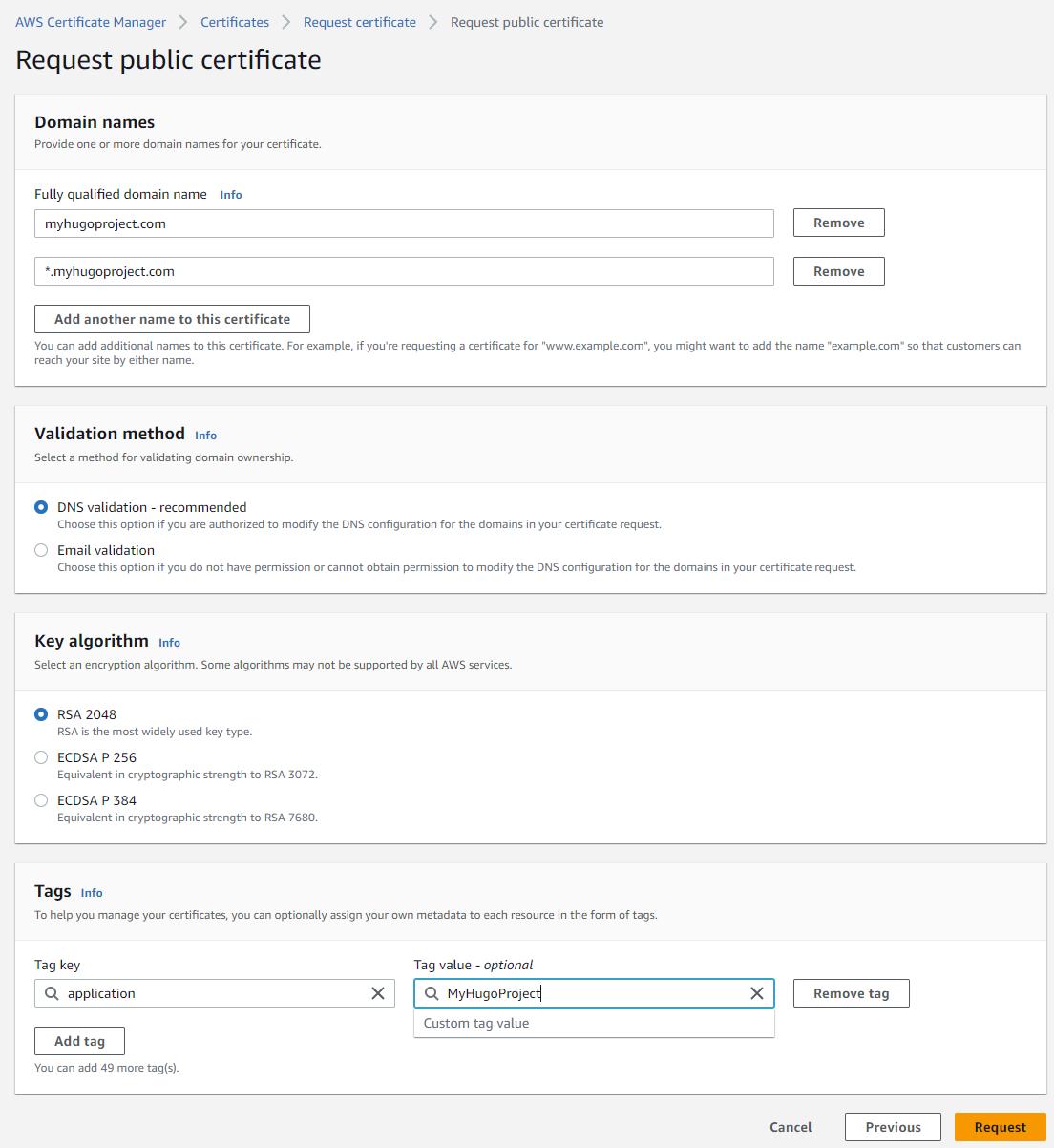 Certification request configuration
