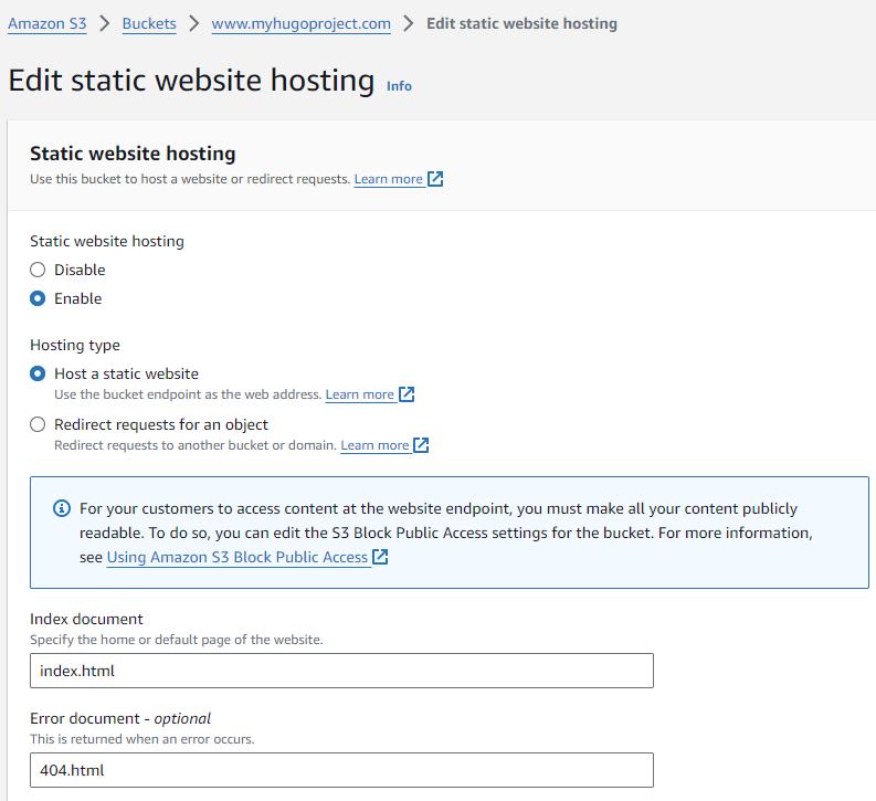 the S3 Bucket Website Hosting configuration